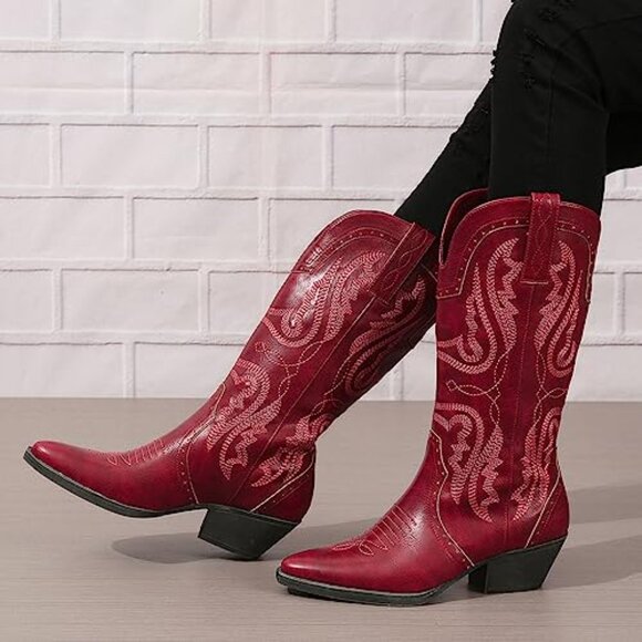 Women's Cowboy Boots Mid Calf Western Embroidered Pointed Toe Block Heel - Picture 3 of 8